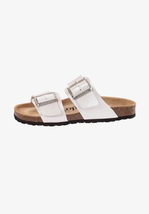 White sandals featuring two adjustable straps with silver buckles, a cork footbed, and a textured black rubber outsole.