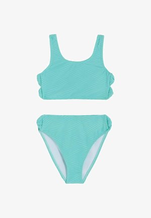 Turkis to-delt badedragt med tekstureret bølgemønster, tanktopstil overdel og højtaljede bikiniunderdele med samlinger i siderne.