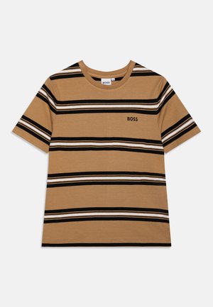 Brown striped t-shirt featuring wide black and white stripes, short sleeves, and a crew neck. Logo "BOSS" embroidered in black. Cotton blend material.