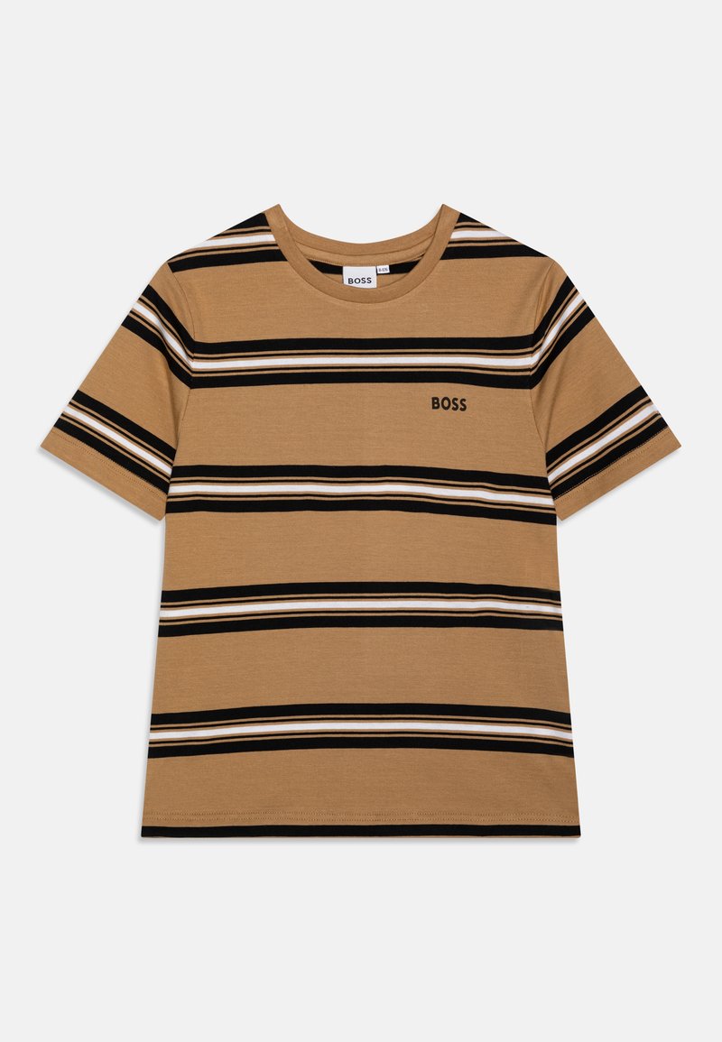 Camiseta de rayas marrones con amplias rayas negras y blancas, mangas cortas y cuello redondo. Logo "BOSS" bordado en negro. Material de mezcla de algodón.