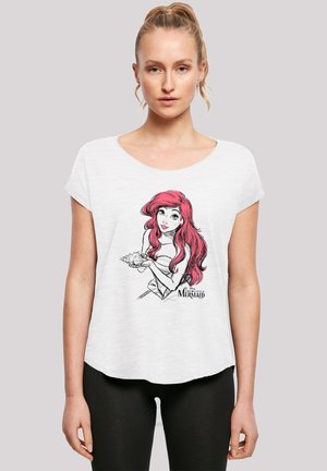 White short-sleeve t-shirt featuring a black and red illustration of a character with long red hair holding a shell. Loose fit design.