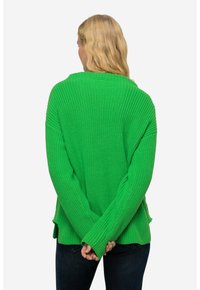 Helle grüne Strickpullover mit lockerer Passform, weiten Ärmeln und einem strukturierten Rippmuster. Verfügt über seitliche Schlitze und fallende Schultern.