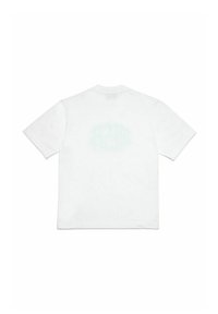 T-shirt bianco in cotone a maniche corte. Presenta una stampa grafica sottile di colore verde chiaro sulla schiena, scollatura rotonda e vestibilità standard.