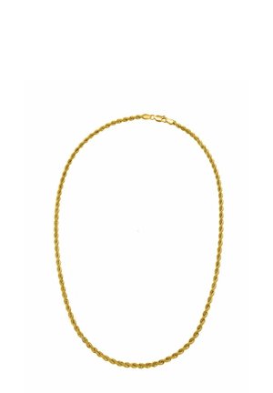 Goldene Seilkette mit gedrehten Gliedern, glatter Oberfläche und Karabinerverschluss. Hat eine Länge von etwa 45 cm.