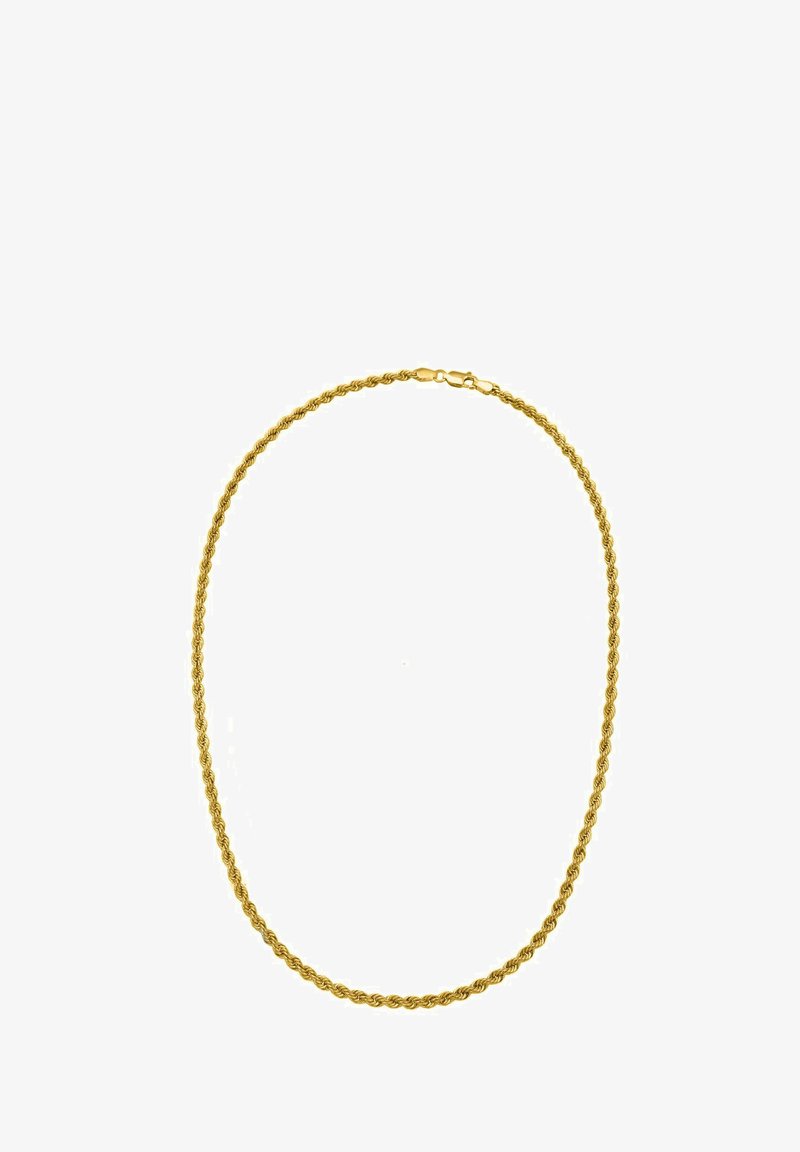 Zelta virves ķēde ar savītiem posmiem, gludu tekstūru un ar lauvējo sprādzi. Garums apmēram 18 collas.