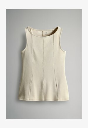 Beige sleeveless top with a round neckline, featuring vertical seams and a smooth texture. Finished with clean stitching and no visible hardware.