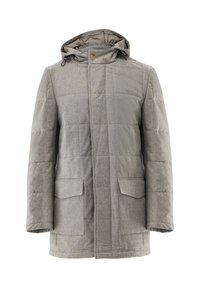 Graue gesteppte Jacke mit Kapuze, einem knöpfbaren Kragen, zwei vorderen Taschen und einem weichen Stoff. Das Innenfutter ist beige.