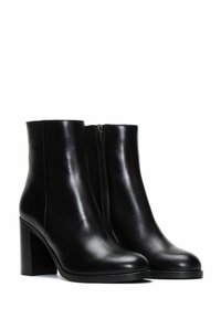 Black leather ankle boots with a smooth finish, featuring a side zipper, round toe, and a chunky heel for stability.