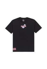 Black cotton t-shirt with short sleeves, featuring a pink logo design on the chest and text on the lower left, smooth texture.
