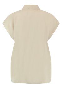 Beige kortärmad blus med krage, som har en slät yta och en lös passform, med rundad nederkant. Baksidan visas.