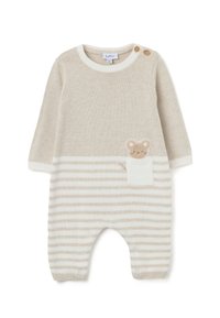 Mono de punto beige con mangas largas, con rayas blancas horizontales, un diseño de bolsillo en forma de ratón y dos cierres de botón en el hombro.