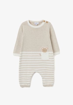Beige gebreide romper met lange mouwen, met horizontale witte strepen, een muiszakontwerp en twee knoopsluitingen op de schouder.