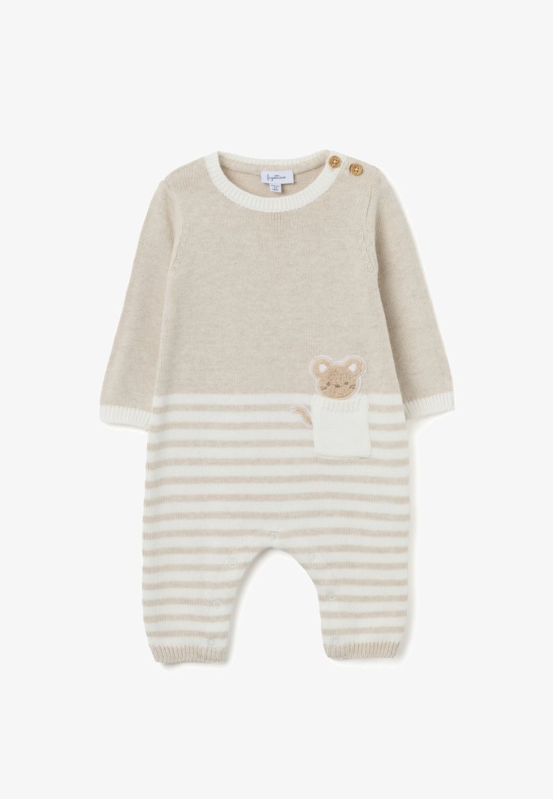Mono de punto beige con mangas largas, con rayas blancas horizontales, un diseño de bolsillo en forma de ratón y dos cierres de botón en el hombro.