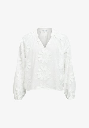 Biała bluzka z długim rękawem z dekoltem w serek i teksturowanymi aplikacjami kwiatowymi na rękawach i na ciele, elastyczne mankiety oraz luźny krój.