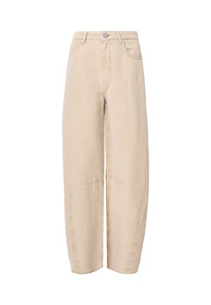 Beige wijde broek van lichtgewicht stof. Kenmerken zijn onder andere voorzakken, een knoopsluiting en gestikte naden.