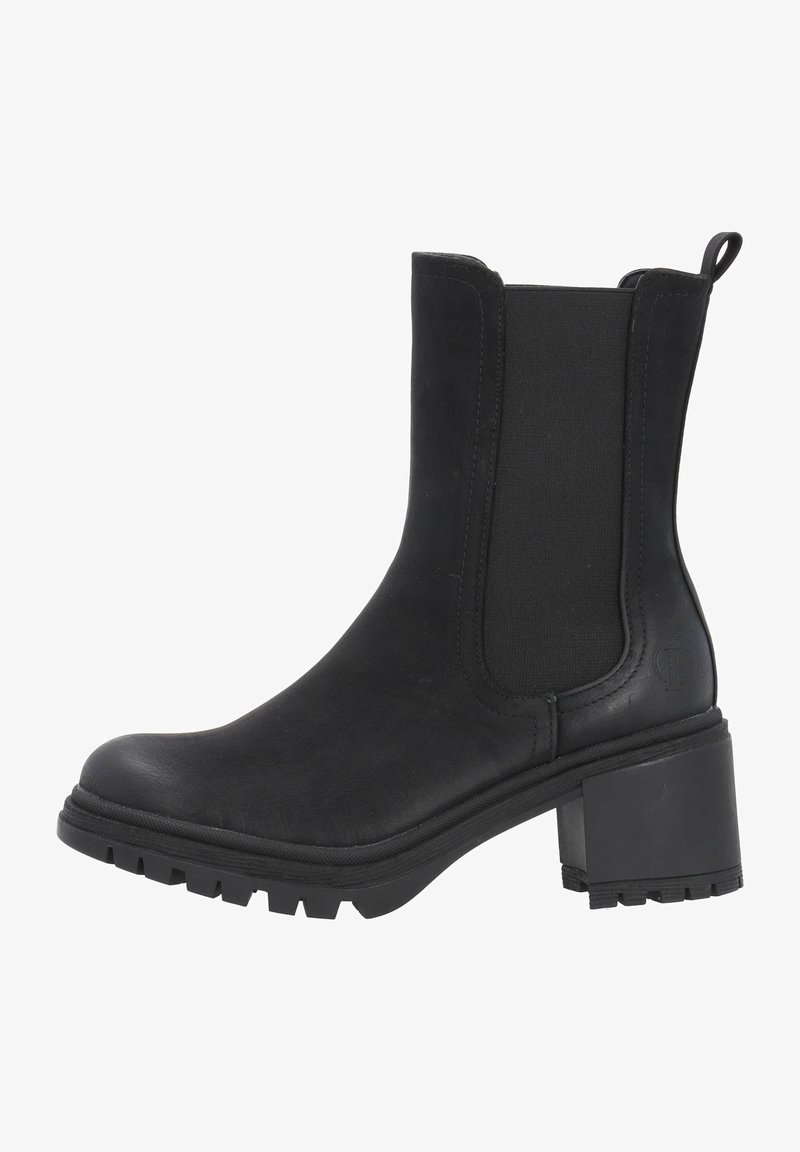 Bottine noire en cuir lisse, avec des panneaux latéraux élastiques, un bout arrondi et un talon carré épais avec une semelle texturée.
