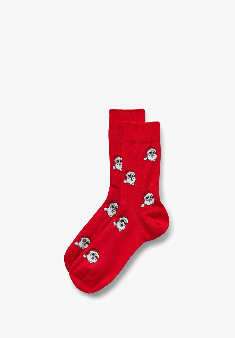 Rote Baumwollsocken mit mehreren kleinen grauen und weißen Santa Claus-Motiven mit schwarzen Sonnenbrillen. Glatte Textur, knöchellang.
