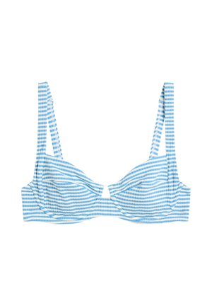 Blauw-wit gestreepte beugelbeha met verstelbare schouderbanden op een witte achtergrond.