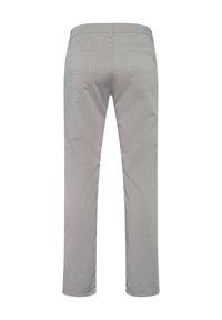 Pantaloni grigi chiari con design a gamba dritta, realizzati in un tessuto liscio. Presentano due tasche posteriori e una semplice vita.