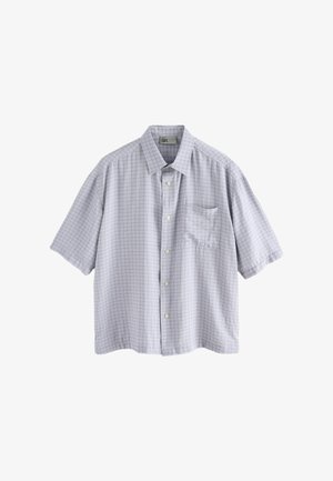 Lys grå kortærmet skjorte med småternet mønster, brystlomme, krave og hvide knapper.