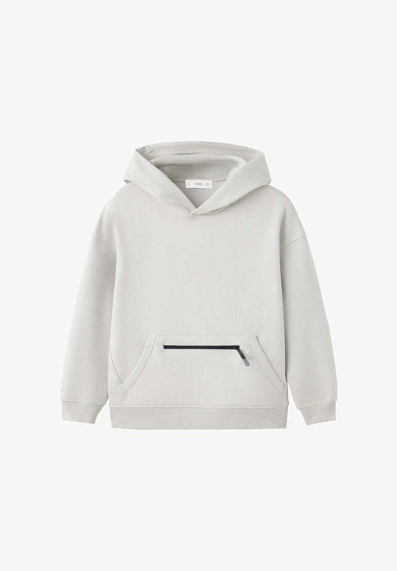 Sweat à capuche gris clair avec manches longues et une poche avant équipée d'une fermeture éclair noire horizontale.