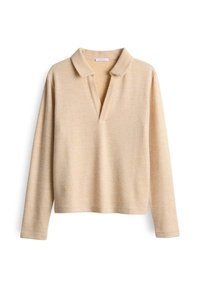 Beige long-sleeve sweater with a soft texture, open V-neck collar, and relaxed fit, displayed on a white background.