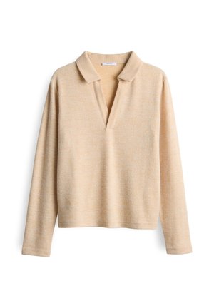 Maglione beige a maniche lunghe con una texture morbida, colletto a V aperto e vestibilità rilassata, esposto su uno sfondo bianco.