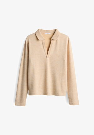 Beige lange mouwen trui met een zachte textuur, open V-halscol en een relaxte pasvorm, weergegeven op een witte achtergrond.