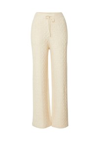 Crème loungebroek met kabelbreisel, in een relaxte pasvorm, met een elastische tailleband en een trekkoord. Zachte textuur en een wijde broekspijp design.