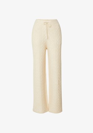 Cremefarbene Loungehosen im Cable-Knit-Stil mit lässiger Passform, elastischem Bund und Kordelzug. Weicher Stoff und weit geschnittenes Design.