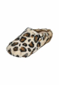 Leopard print slipper made of soft faux fur with a rounded toe and cushioned interior. Features black accents and an ankle-height design.