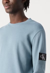 Lyseblå genser med rund hals i teksturert stoff, med et svart logo-lapp på ermet. Designet fremhever en avslappet passform og enkelhet.