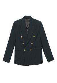 Donkere pinstripe dubbelbreasted blazer met zes gouden knopen, inkeping revers en voorste paspelzakken, plat uitgestald op een witte achtergrond.