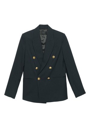 Blazer doppiopetto a righe sottili scure con sei bottoni dorati, rever a incavo e tasche a filetto frontali, mostrato disteso su uno sfondo bianco.