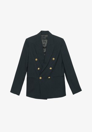 Blazer doppiopetto a righe sottili scure con sei bottoni dorati, rever a incavo e tasche a filetto frontali, mostrato disteso su uno sfondo bianco.
