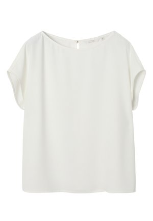 Camicia bianca a maniche corte con scollo a barca e una piccola chiusura con bottone sul retro, taglia 36.