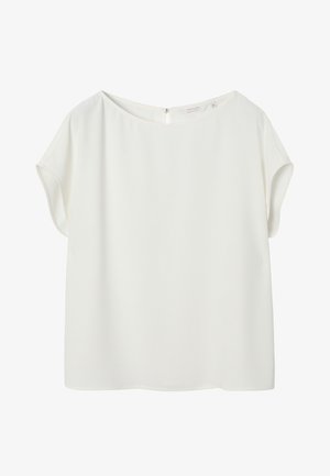 Bluza albă cu mâneci scurte, cu decolteu tip barcă și o mică închidere cu nasture la spate, mărimea 36.