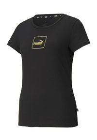 Sort t-shirt med korte ærmer lavet af blødt stof, med et guld Puma-logo inden i en firkant på forsiden og en rund halsudskæring.