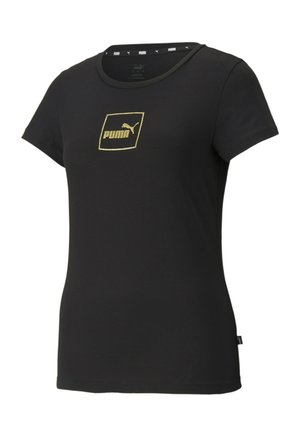 Sort t-shirt med korte ærmer lavet af blødt stof, med et guld Puma-logo inden i en firkant på forsiden og en rund halsudskæring.