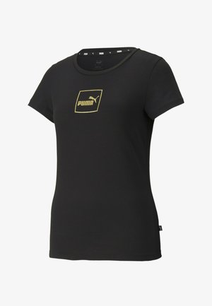 Sort t-shirt med korte ærmer lavet af blødt stof, med et guld Puma-logo inden i en firkant på forsiden og en rund halsudskæring.