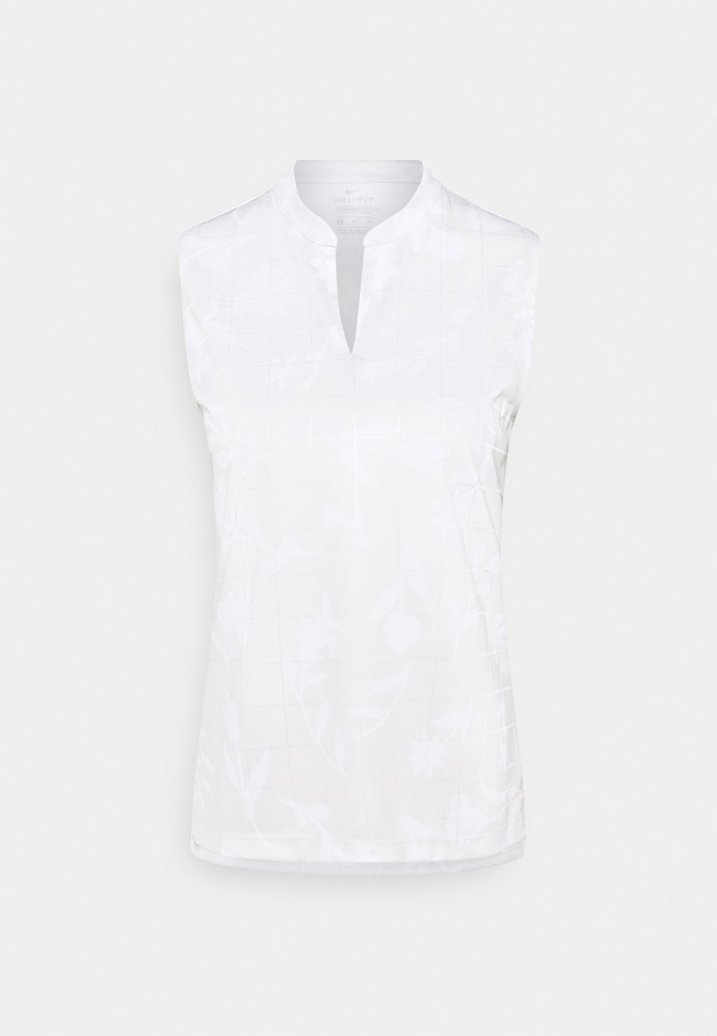 Haut blanc sans manches avec un col en V, présentant un motif floral subtil et une texture en treillis. Fabriqué en matière Dri-FIT pour la gestion de l'humidité.