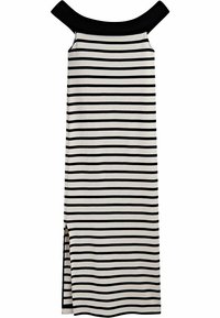 Robe maxi rayée en noir et blanc, dotée d'un col Bardot et d'une fente sur le côté. Fabriquée en tissu doux et léger.