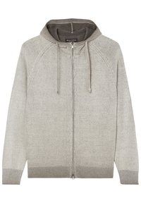 Sudadera con cremallera de color gris claro, con capucha ajustable, puños y dobladillo acanalados, que presenta un patrón de tejido texturizado y un forro interior suave.