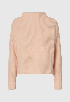 Šviesiai rožinė rūbų megztinis su aukštu kaklu, plačiomis rankovėmis ir užlenktais kraštais. Raižytas audinys, trumpas dizainas. Nėra matomų raštų ar detalių.