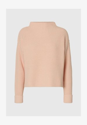 Šviesiai rožinė rūbų megztinis su aukštu kaklu, plačiomis rankovėmis ir užlenktais kraštais. Raižytas audinys, trumpas dizainas. Nėra matomų raštų ar detalių.