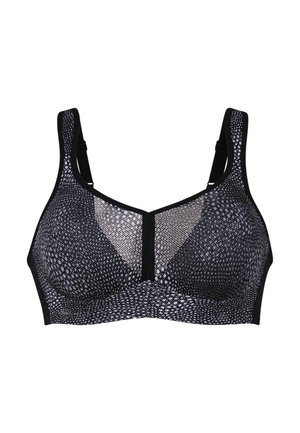 Reggiseno in mesh nero e grigio con coppe strutturate, spalline larghe e chiusura frontale. Presenta un motivo testurizzato su tutta la superficie del tessuto.