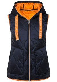 Gilet trapuntato blu navy con interno arancione, dotato di zip frontale, due tasche laterali e cinturini decorati con logo sul cappuccio.