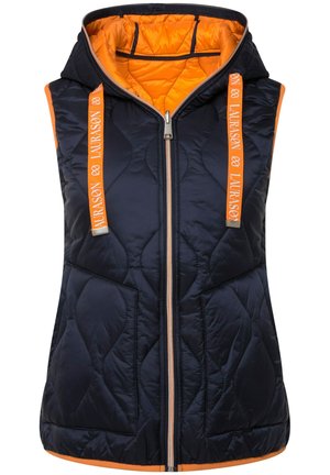 Navy quilted vest with an orange interior, featuring a zip front, two side pockets, and logo-embellished straps on the hood.