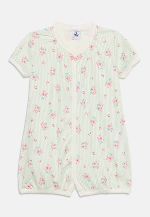 Babypakje met korte mouwen, pastelkleurige groene verticale strepen en roze bloemmotief, drukknoopjes aan de voorkant en kanten afwerking aan mouwen en zoom.