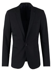 Svart ensamknäppt blazer med tunna vita ränder, slagkrage och två framfickor.